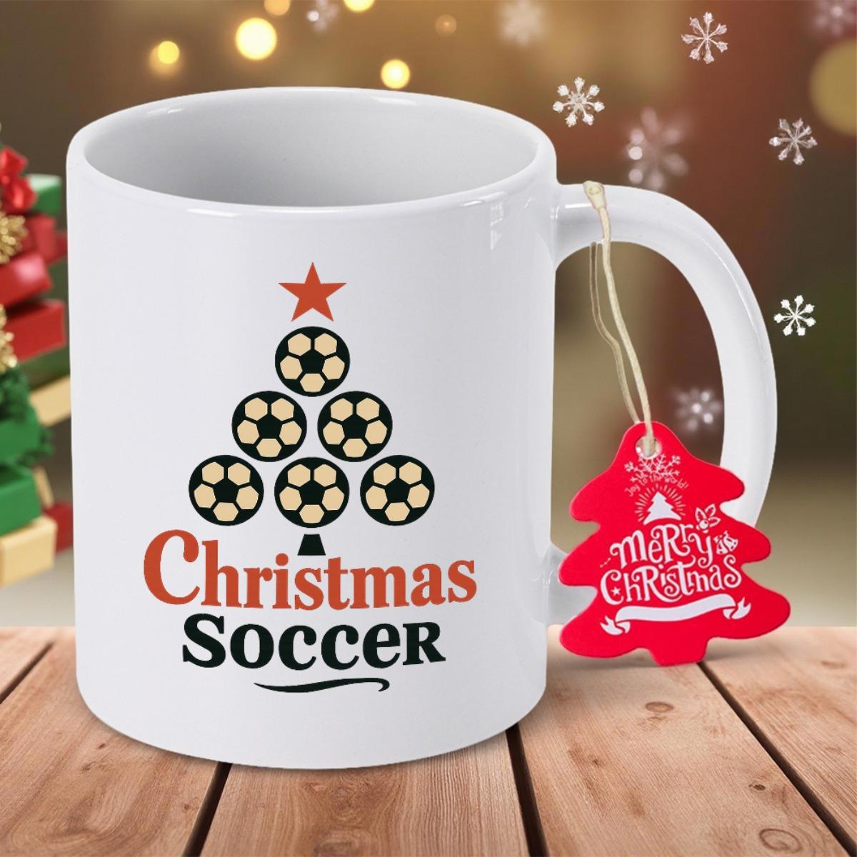 Tailorly White Ceramic 11 oz Mug - Christmas Soccer Soccer Balls Formed Into A Festive Holiday Shape With A Red Star Tree