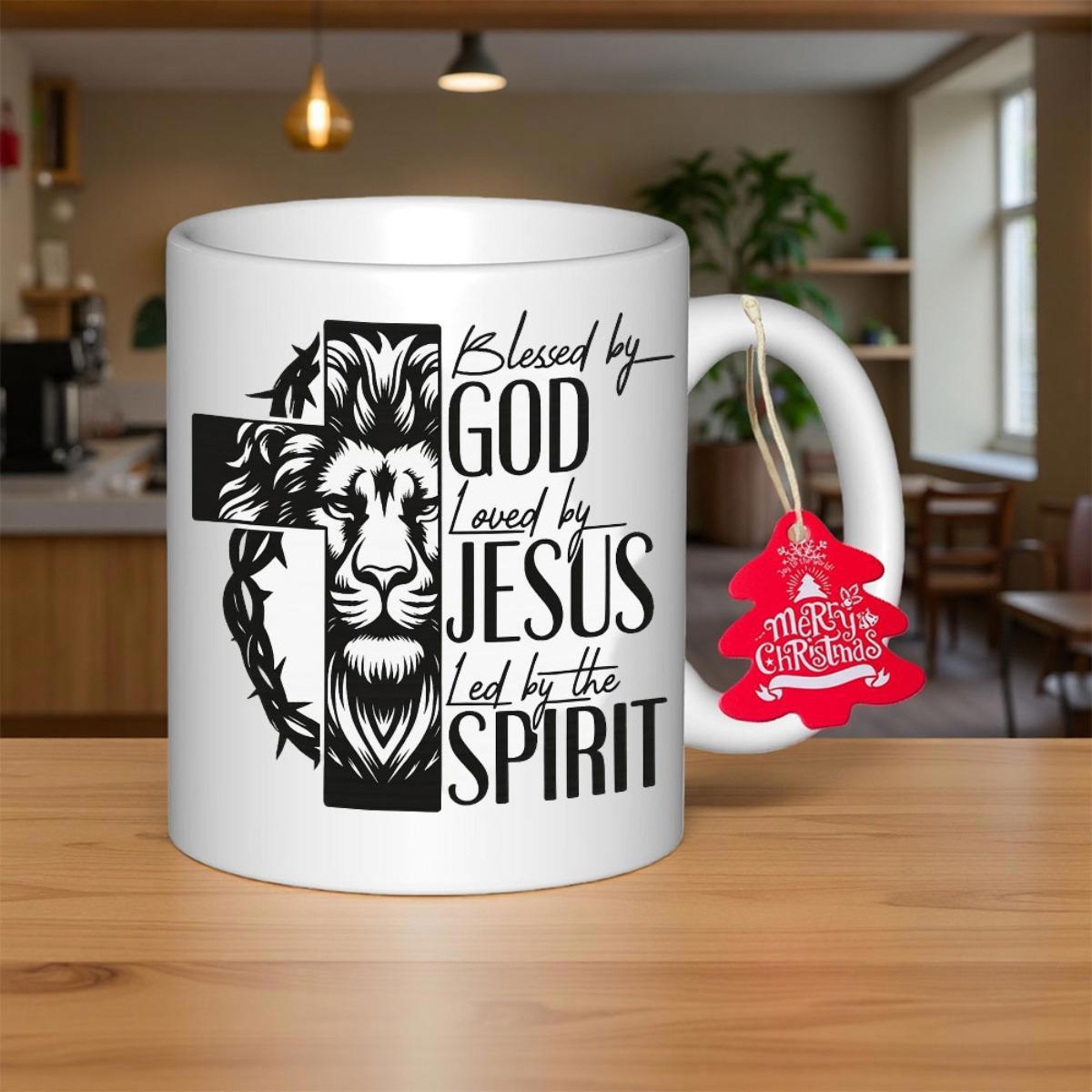Tailorly White Ceramic 11 oz Mug - Blessed By God Loved By Jesus Led By The Spirit Hand Drawn Majestic Face Set Inside A Religious Cross Symbolic Lion