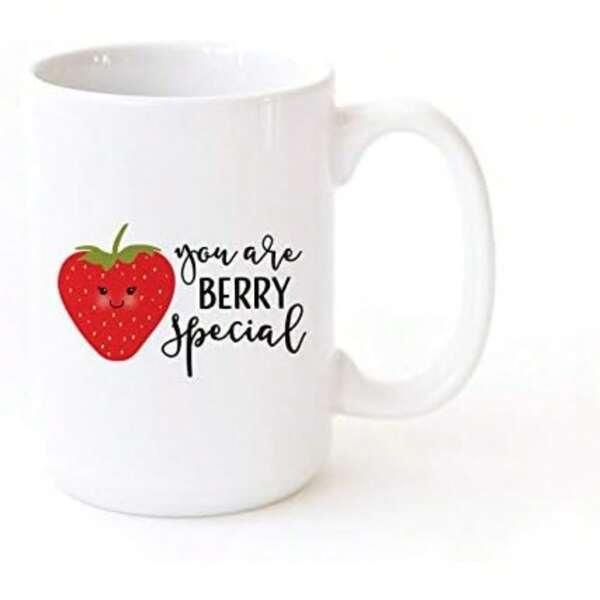 Tailorly White Ceramic 11 oz Mug - You Are Berry Special Cute Cartoon Fruit With Red Seeds And Green Leaves Smiling Cheerfully Strawberry