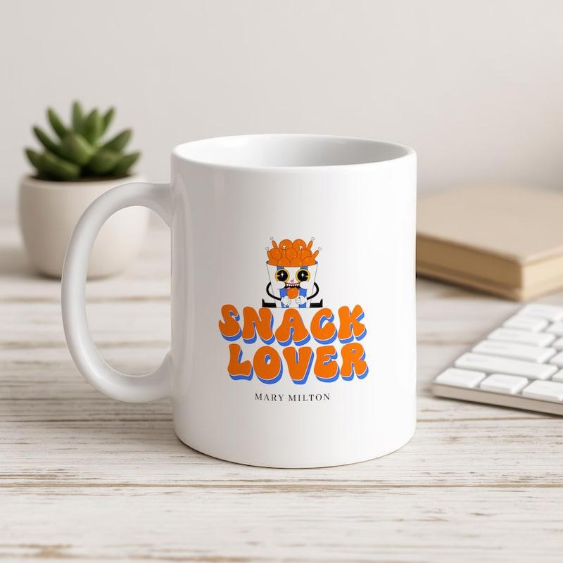 Tailorly White Ceramic 11 oz Mug - Snack Lover Adorable Cartoon Character With Vibrant Orange Hair Wearing Striped Shirt Mug