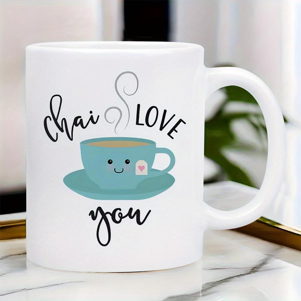 Tailorly White Ceramic 11 oz Mug - Chai Love You Cute Teal Teacup With A Friendly Smiling Face And Heart Tag Tea Cup