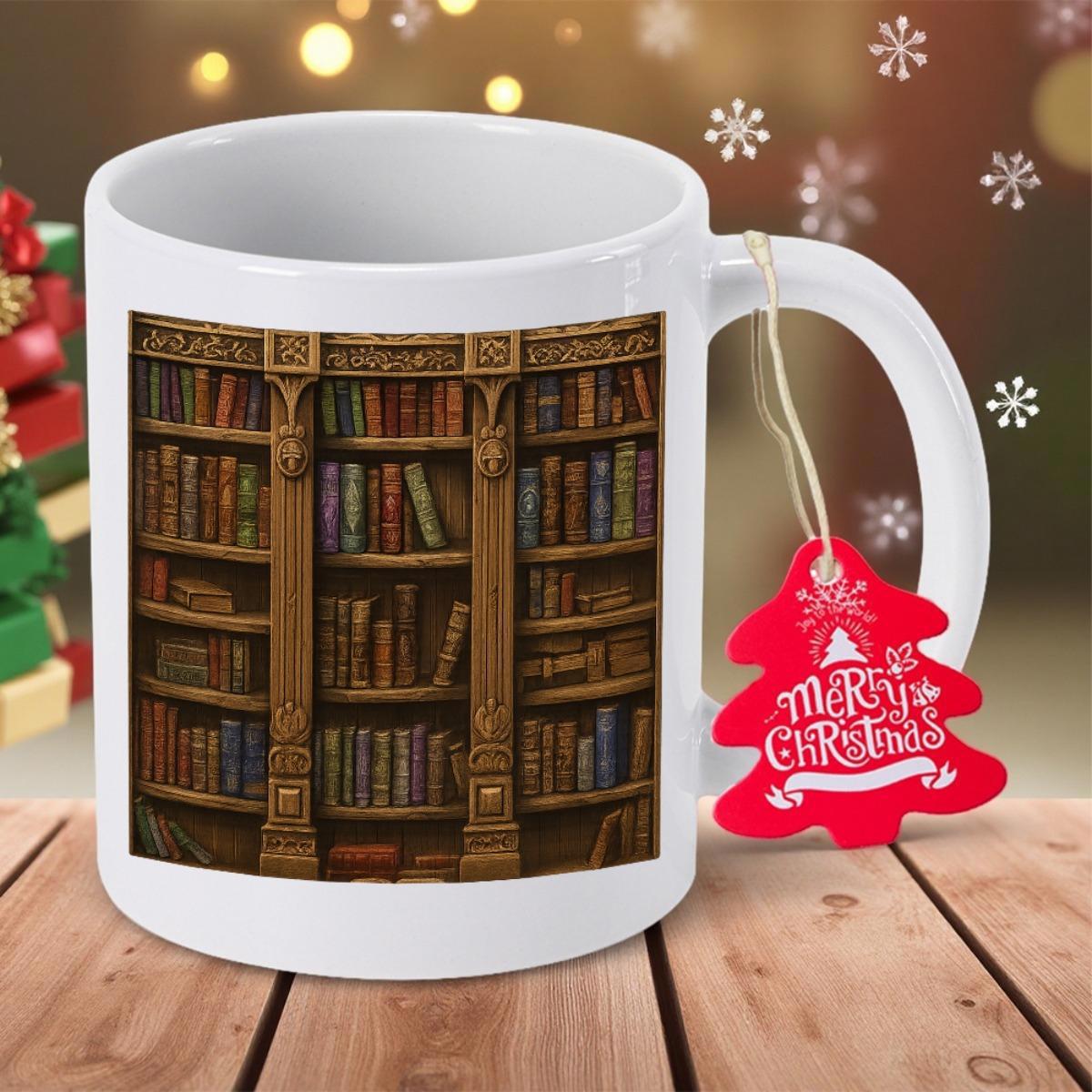 Tailorly White Ceramic 11 oz Mug - Merry Christmas Vintage Wooden Shelves Filled With Old Books In A Classic Library Bookshelf