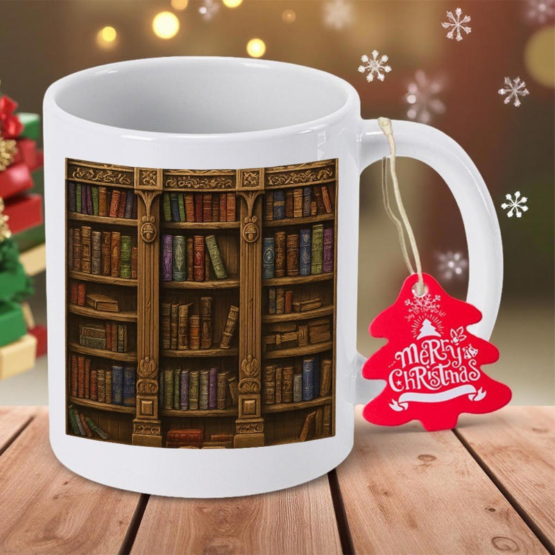 Tailorly White Ceramic 11 oz Mug - Merry Christmas Vintage Wooden Shelves Filled With Old Books In A Classic Library Bookshelf