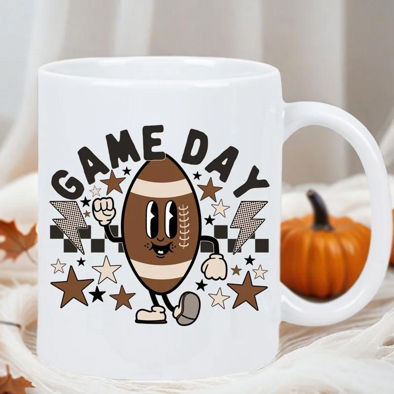 Tailorly White Ceramic 11 oz Mug - Game Day Animated Vintage Character With Happy Face Surrounded By Stars And Lightning Football