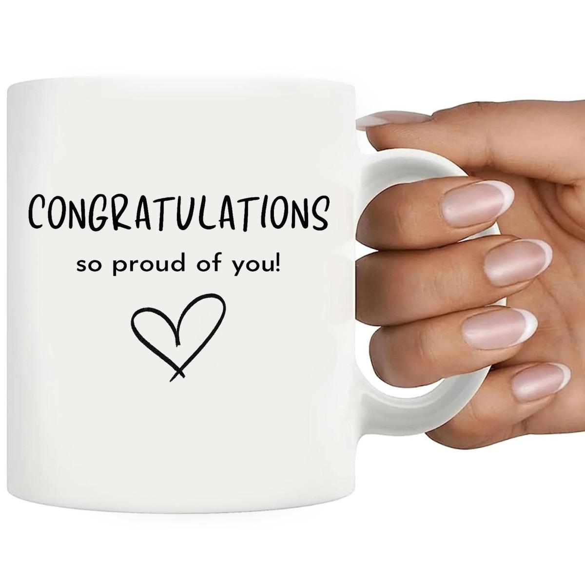 Tailorly White Ceramic 11 oz Mug - Congratulations So Proud Of You Minimalist Style Hand Holding White Ceramic Vessel With Delicate Heart Mug