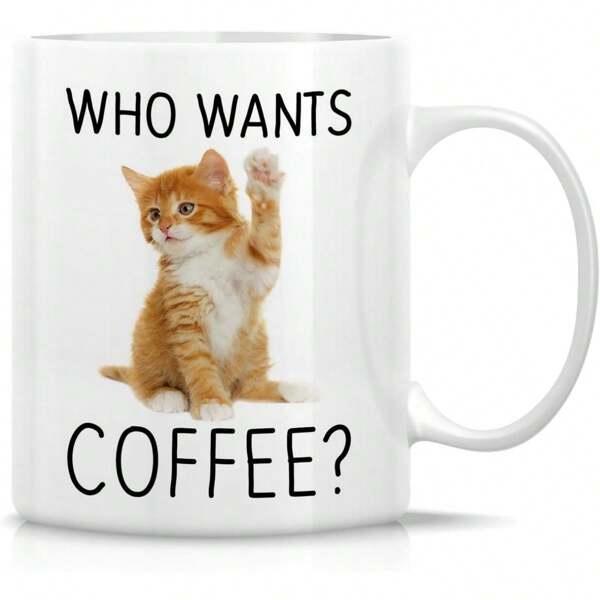 Tailorly White Ceramic 11 oz Mug - Who Wants Coffee Adorable Orange Tabby Raising Paw Sitting Gracefully On Plain White Background Kitten