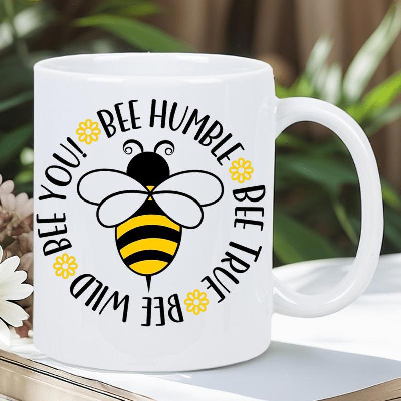 Tailorly White Ceramic 11 oz Mug - Bee You Bee Humble Bee True Bee Wild Charming Striped Bumblebee Hovering Centrally Amidst Tiny Bright Yellow Floral Accents Bee