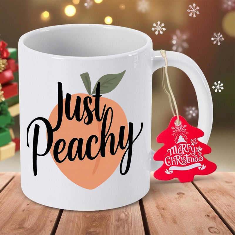 Tailorly White Ceramic 11 oz Mug - Just Peachy Sweet Ripened Fruit With Green Leaf In Minimalist Style Design Peach