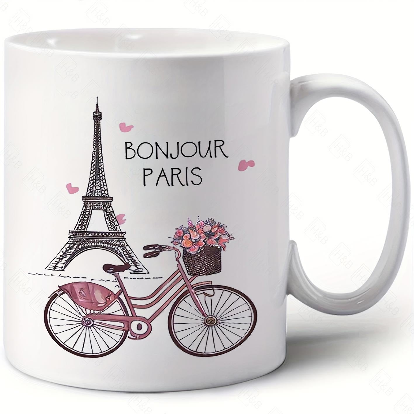 Tailorly White Ceramic 11 oz Mug - Bonjour Paris Romantic Vintage Scene Featuring Eiffel Tower And Flowers In Basket Pink Bicycle