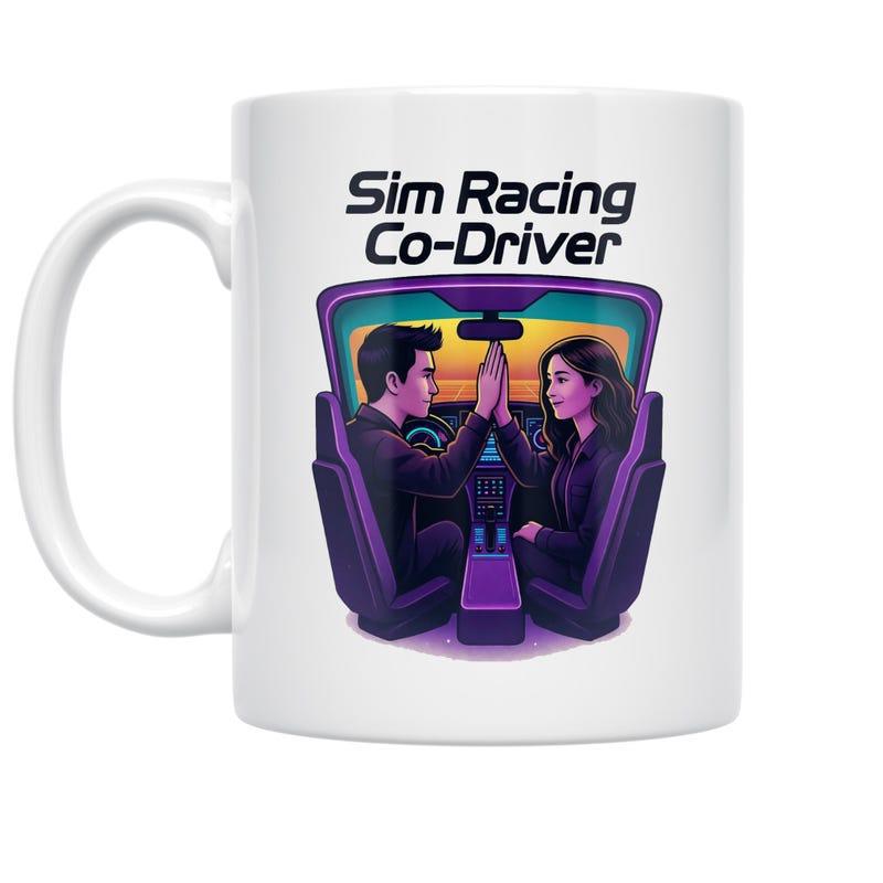 Tailorly White Ceramic 11 oz Mug - Sim Racing Co Driver Digital Neon Sunset Couple High Fiving Inside A Racing Cockpit
