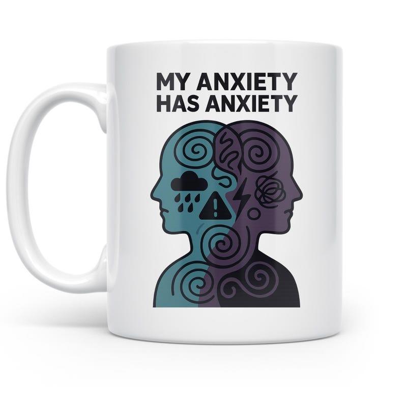 Tailorly White Ceramic 11 oz Mug - My Anxiety Has Anxiety Two Human Profiles Filled With Tangled Swirling Symbols Silhouette