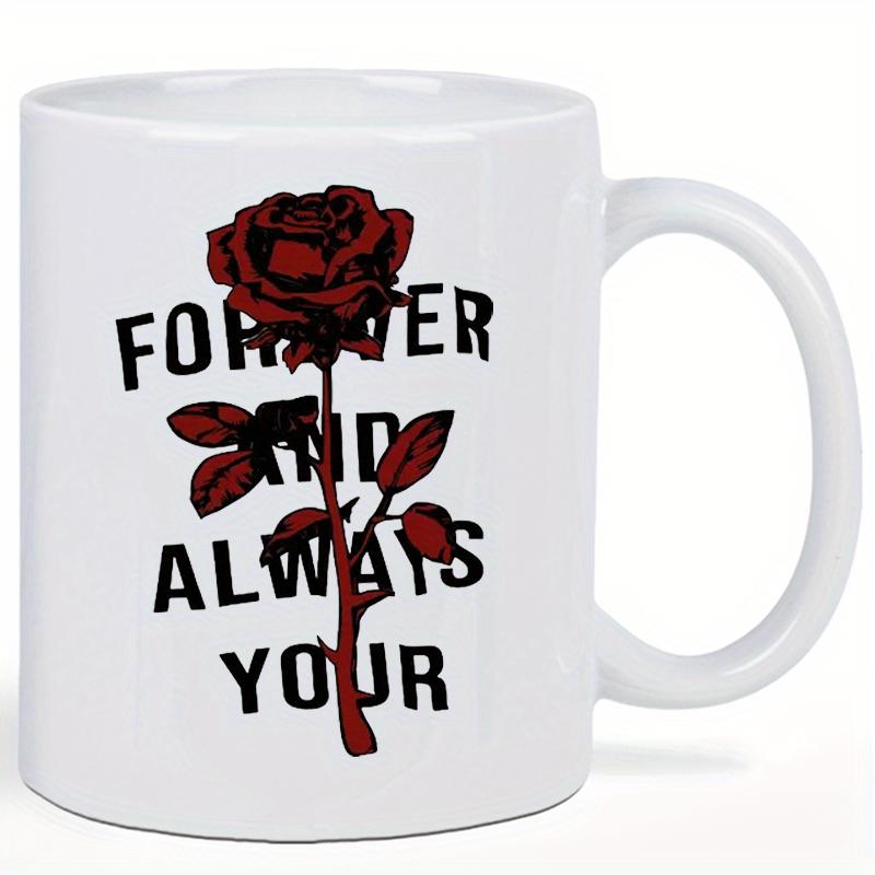 Tailorly White Ceramic 11 oz Mug - Forever And Always Your Vintage Style Deep Red Blooming Rose With Dark Leaves And Stem Rose