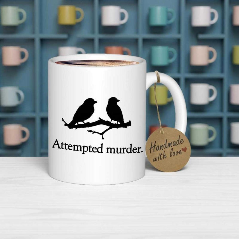 Tailorly White Ceramic 11 oz Mug - Attempted Murder Two Black Crow Silhouettes Perched Gracefully On A Single Bare Branch Bird