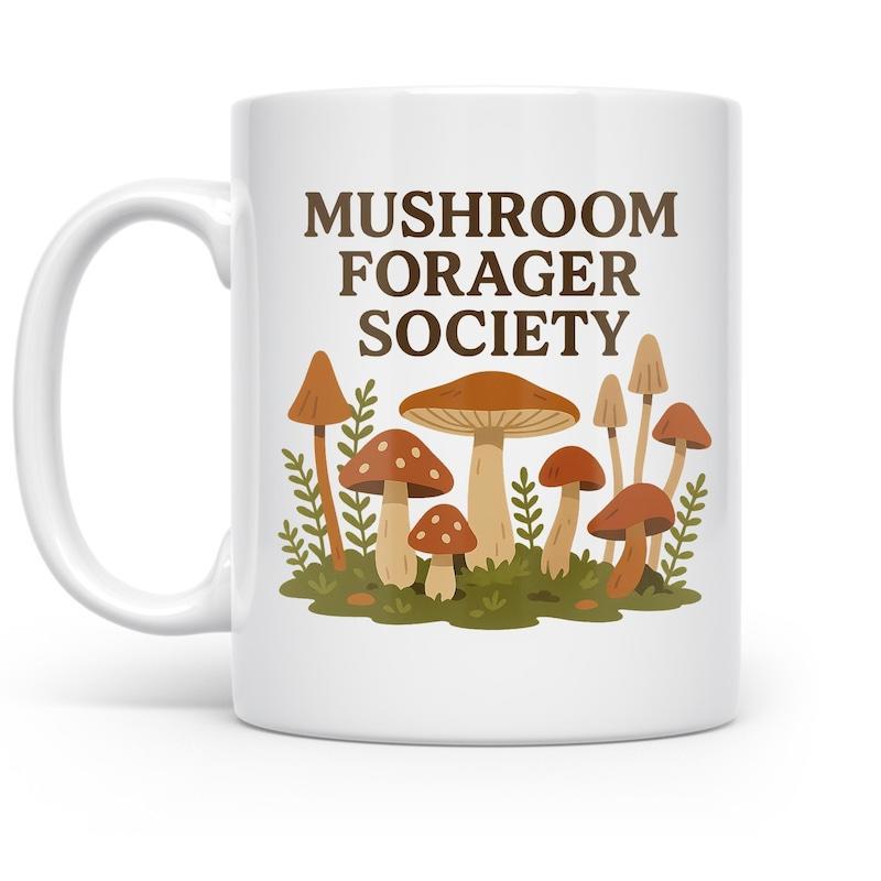Tailorly White Ceramic 11 oz Mug - Mushroom Forager Society Variety Of Wild Fungi Growing Amidst Green Ferns And Mossy Ground Mushroom
