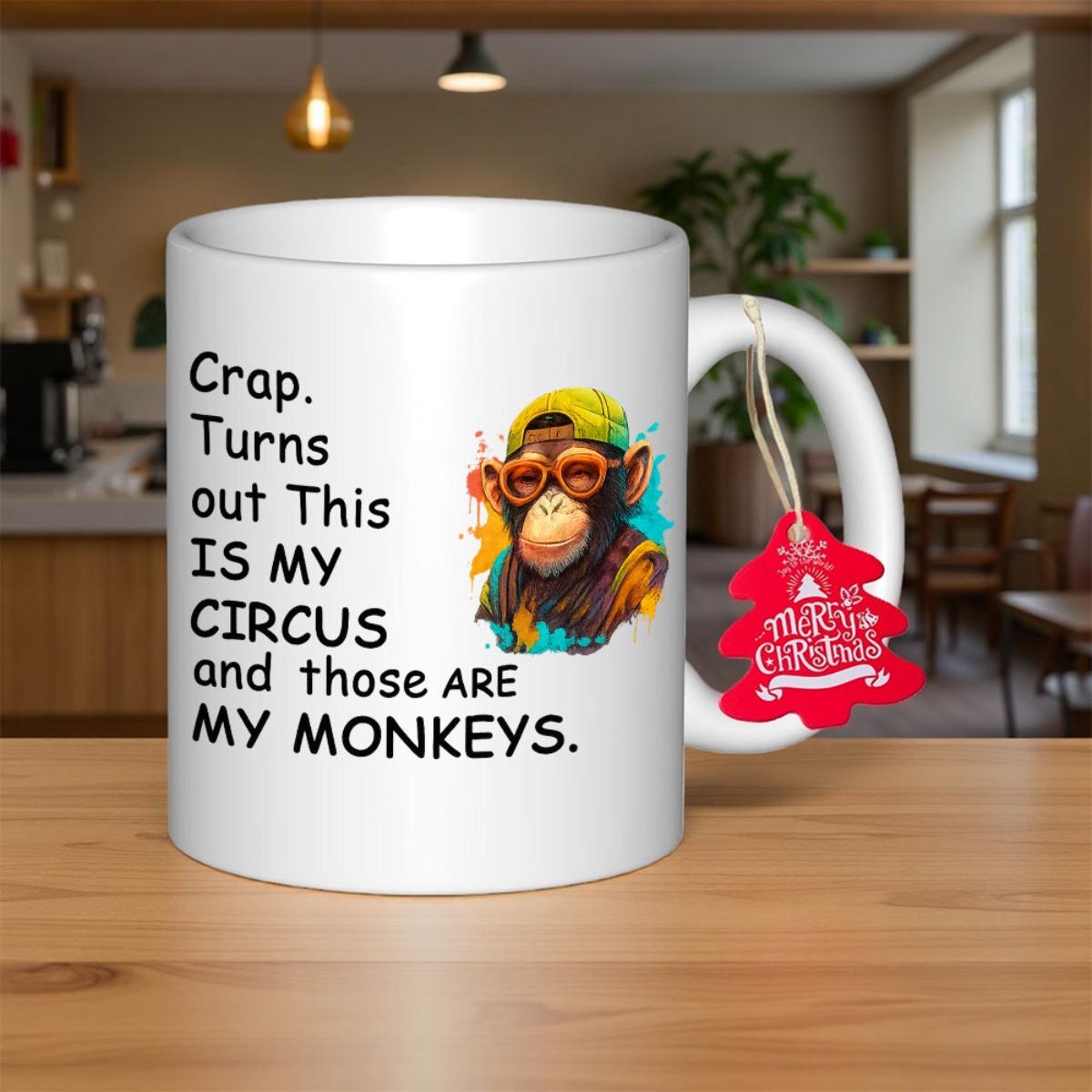 Tailorly White Ceramic 11 oz Mug - Crap Turns Out This Is My Circus And Those Are My Monkeys Cool Hipster Ape Wearing Yellow Hat And Sunglasses With Colorful Paint