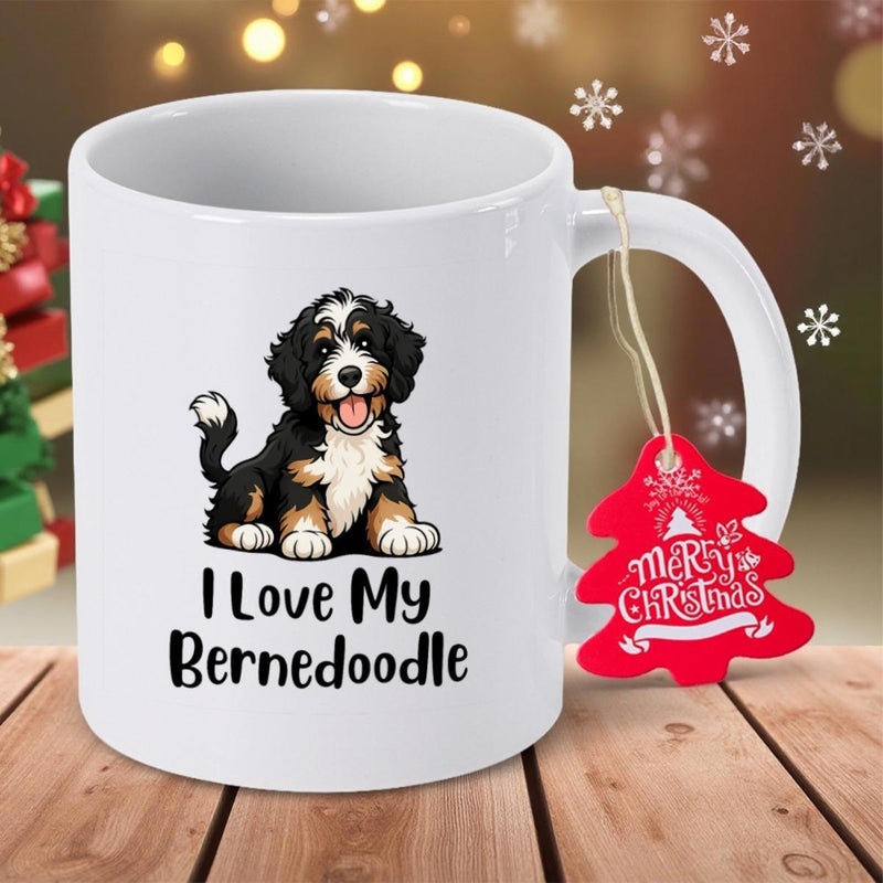 Tailorly White Ceramic 11 oz Mug - I Love My Bernedoodle Adorable Sitting Fluffy Tricolor Puppy Dog With Friendly Smile Bernedoodle
