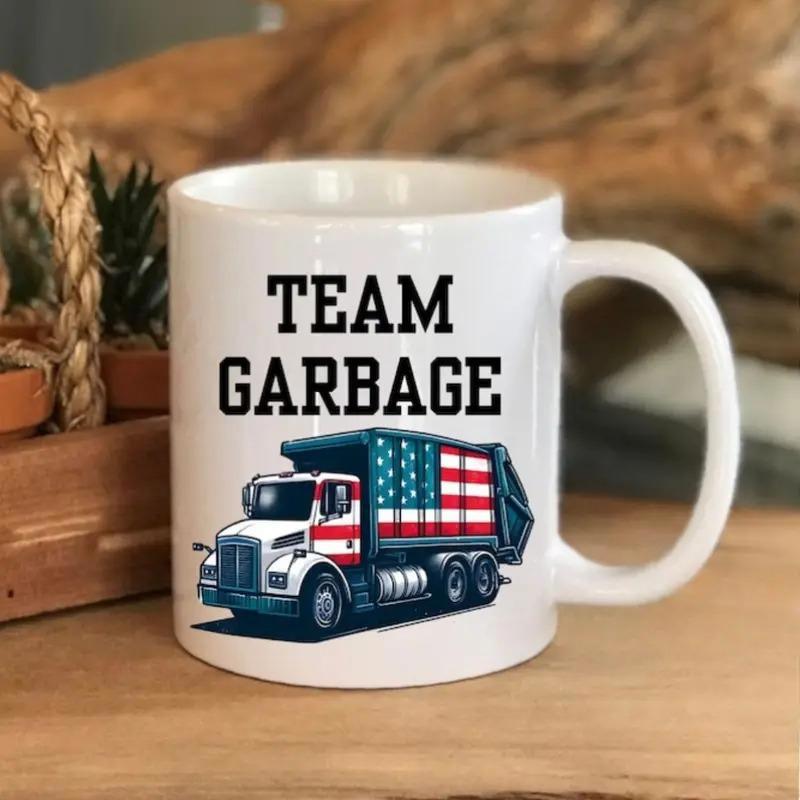 Tailorly White Ceramic 11 oz Mug - Team Garbage Patriotic Garbage Truck Decorated With American Flag Stars And Stripes Pattern Truck