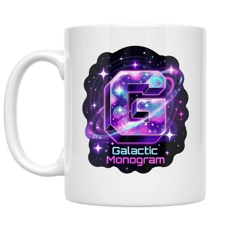 Tailorly White Ceramic 11 oz Mug - Galactic Monogram Vibrant Cosmic Nebula Floating Within A Starry Purple Space Background With Sparkles Monogram