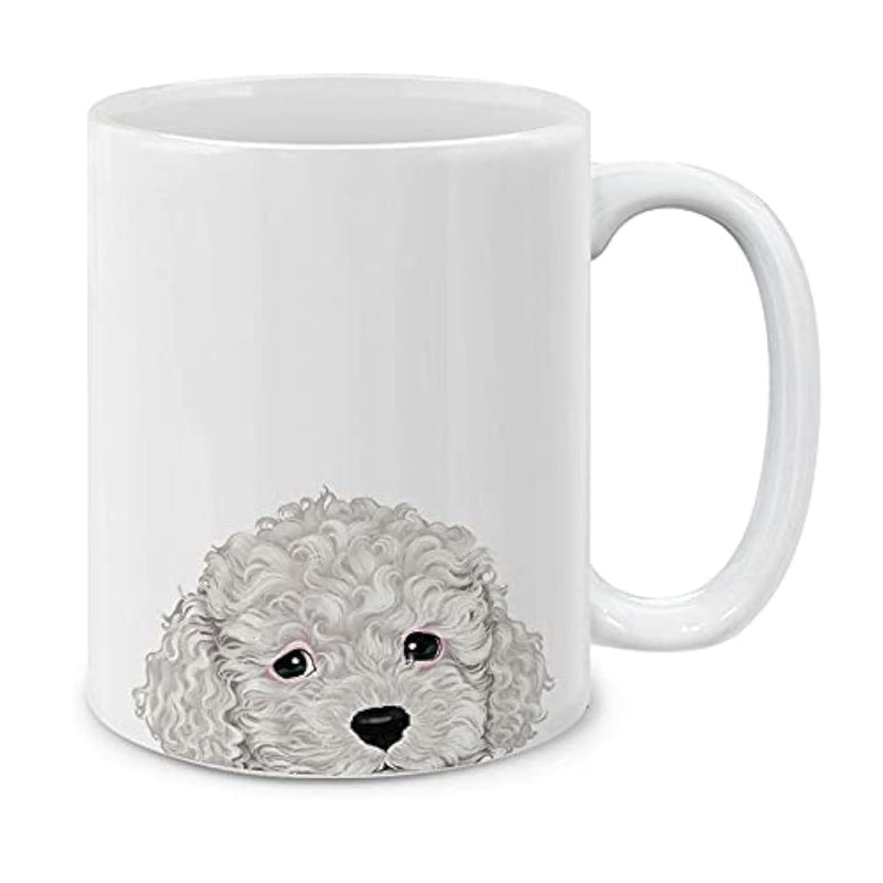 Tailorly White Ceramic 11 oz Mug - Charming White Curly Haired Dog Peering Curiously Upward Poodle