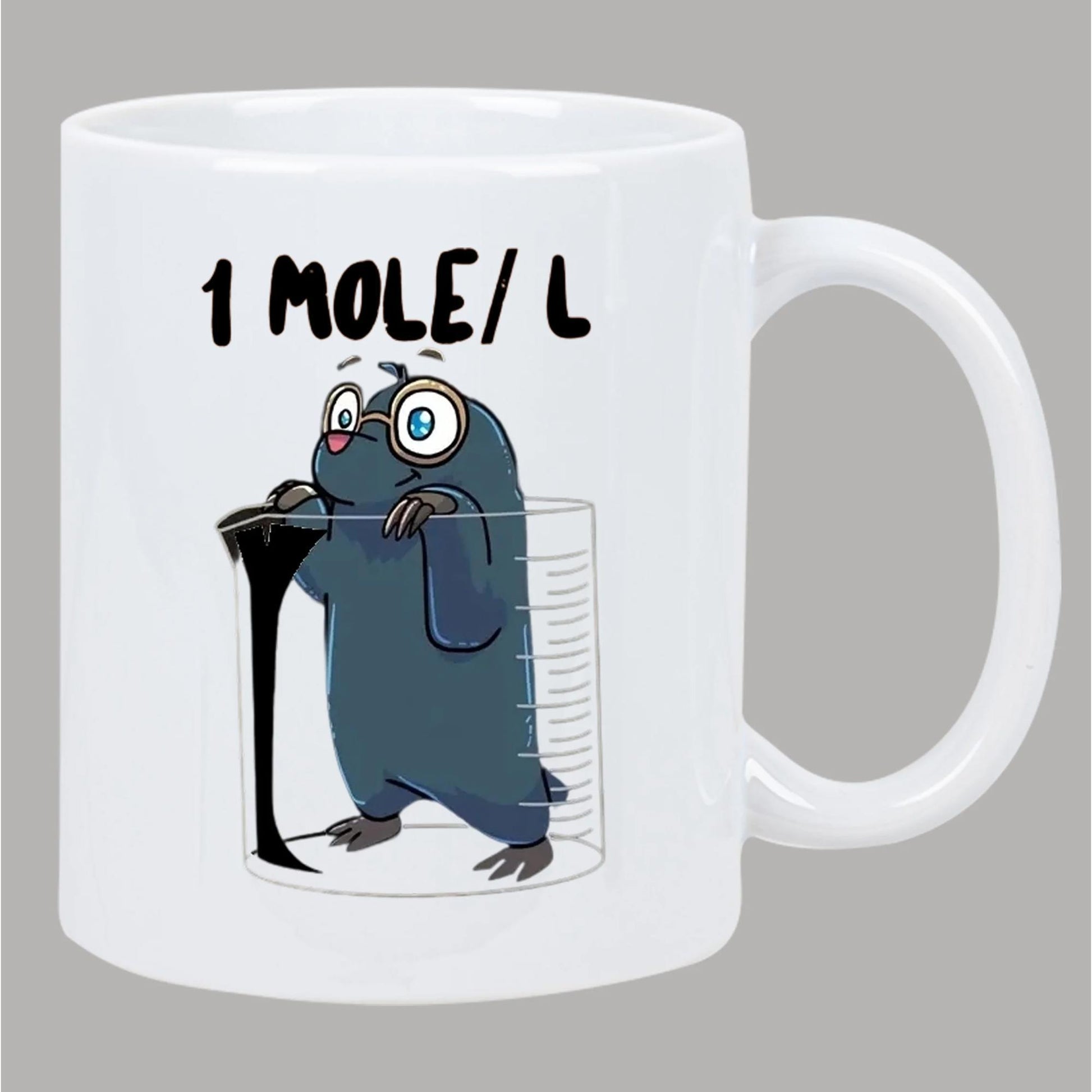 Tailorly White Ceramic 11 oz Mug - 1 Mole L Wearing Glasses Inside A Laboratory Beaker Holding Dark Liquid Science Mole