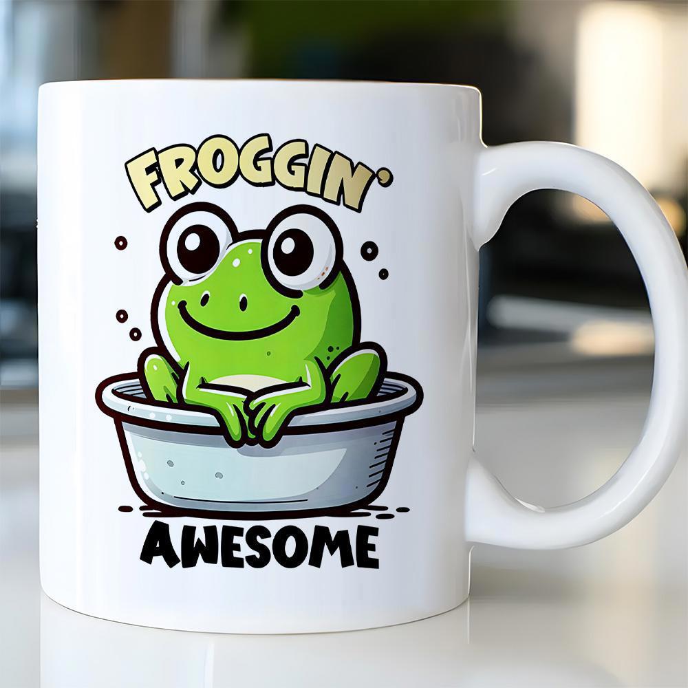 Tailorly White Ceramic 11 oz Mug - Froggin Awesome Cute Smiling Green Frog Sitting Relaxed Inside Small Round Bathtub Frog
