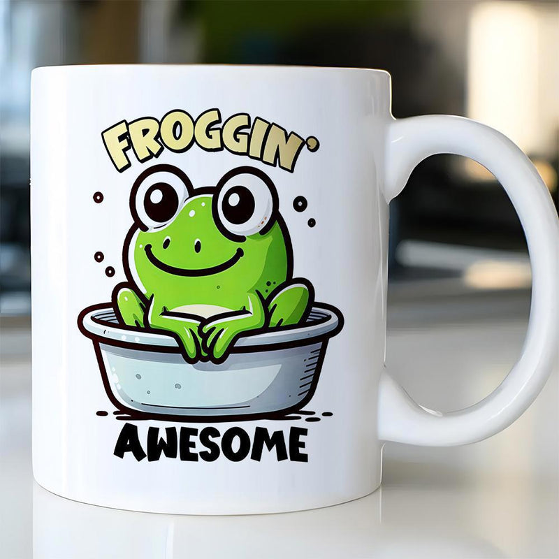 Tailorly White Ceramic 11 oz Mug - Froggin Awesome Cute Smiling Green Frog Sitting Relaxed Inside Small Round Bathtub Frog