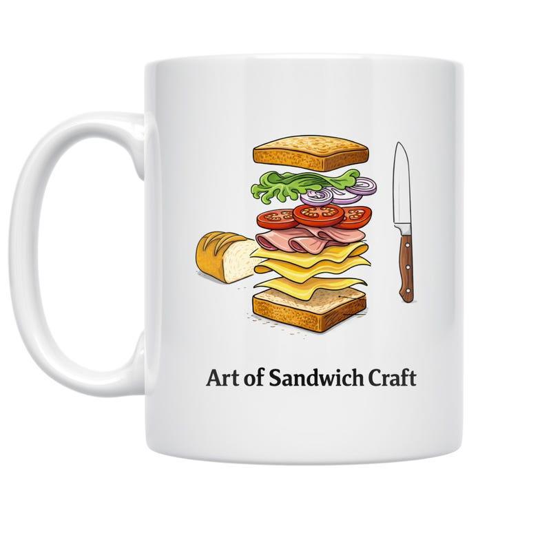 Tailorly White Ceramic 11 oz Mug - Art Of Sandwich Craft Exploded Layers Of Bread Meat And Vegetables Beside A Small Knife Sandwich