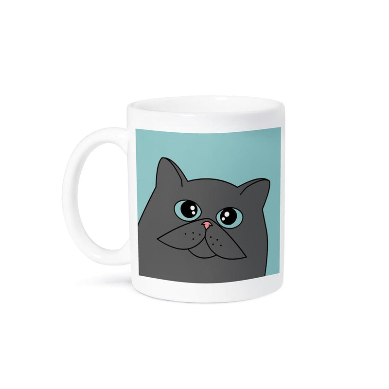 Tailorly White Ceramic 11 oz Mug - Cartoonish Grey Cat With Big Blue Eyes On Minimalist Teal Background Cat
