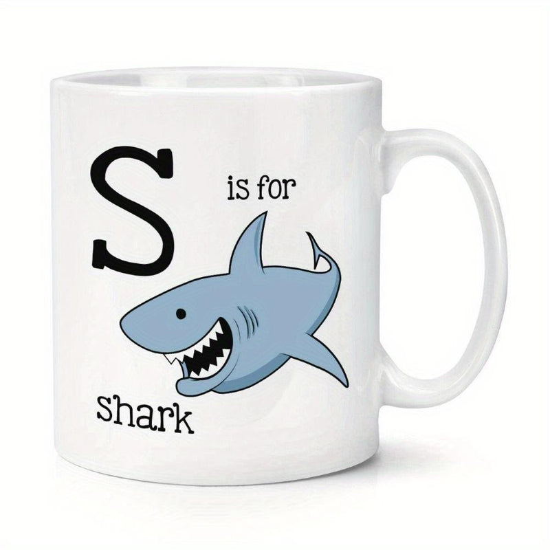 Tailorly White Ceramic 11 oz Mug - S Is For Shark Friendly Cartoon Blue Shark Swimming With Sharp White Teeth Shark