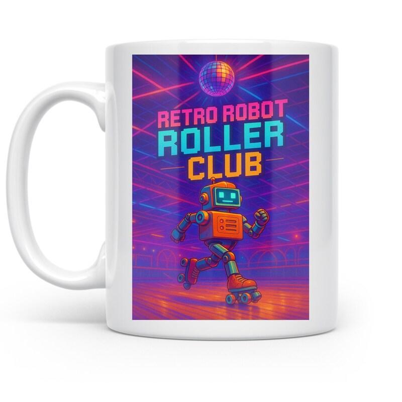 Tailorly White Ceramic 11 oz Mug - Retro Robot Roller Club Skating Under Vibrant Neon Lights Within A Synthwave Disco Setting Robot