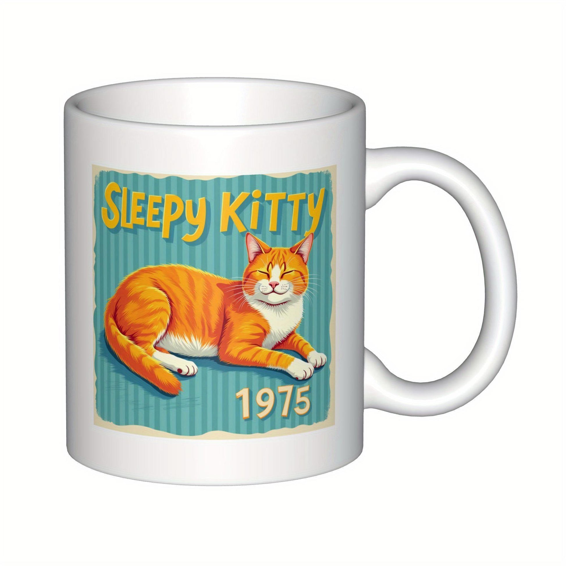 Tailorly White Ceramic 11 oz Mug - Sleepy Kitty 1975 Vintage Style Orange Tabby Cat Resting On Teal Striped Background Kitty