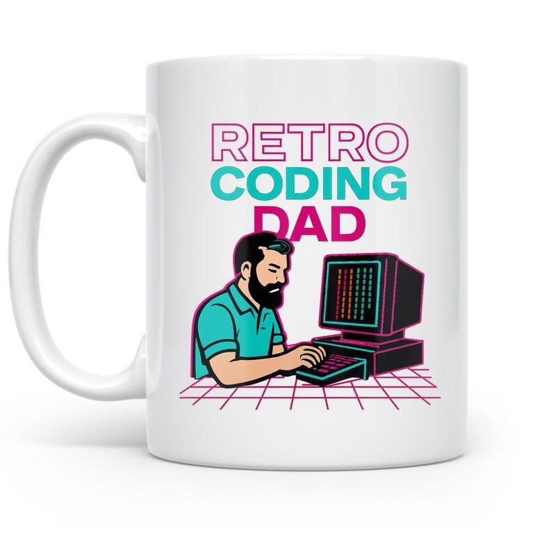 Tailorly White Ceramic 11 oz Mug - Retro Coding Dad Vintage Illustration Of Bearded Man Programming On Classic Desktop Computer Programmer