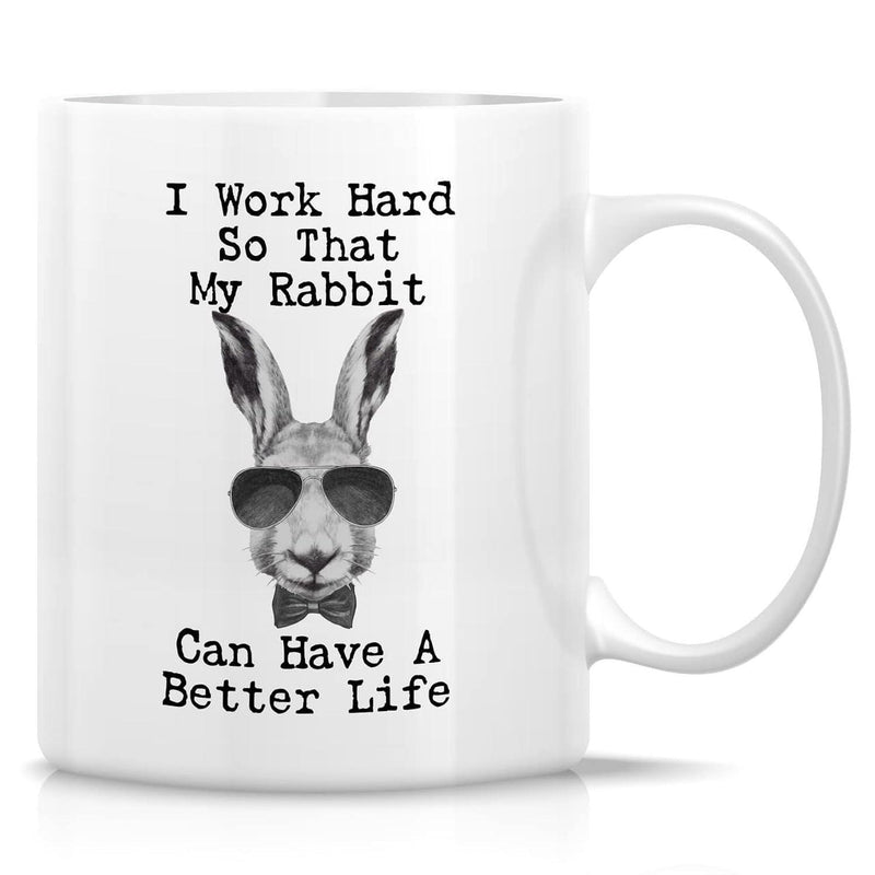Tailorly White Ceramic 11 oz Mug - I Work Hard So That My Rabbit Can Have A Better Life Sophisticated Gentleman Rabbit Wearing Dark Sunglasses And A Formal Bowtie