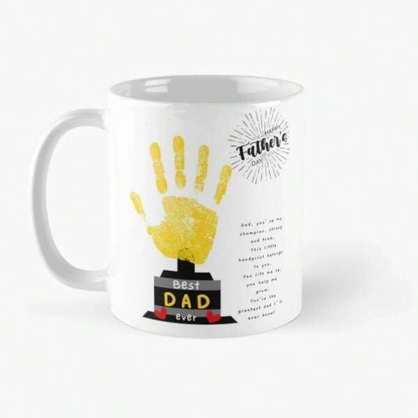 Tailorly White Ceramic 11 oz Mug - Best Dad Ever Happy Fathers Day Yellow Textured Artistic Impression On Creative Trophy Stand Handprint