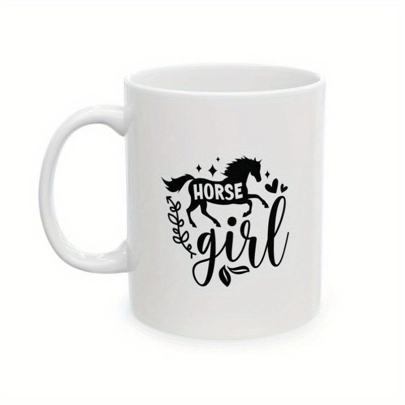 Tailorly White Ceramic 11 oz Mug - Horse Girl Elegant Black Galloping Silhouette Amidst Delicate Floral Leaves And Heart Accents Horse