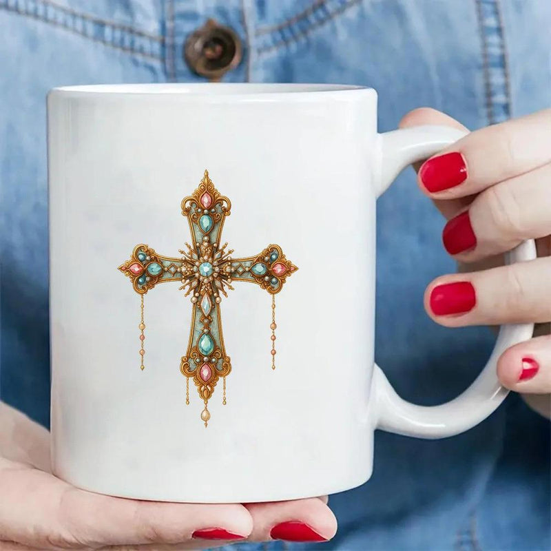 Tailorly White Ceramic 11 oz Mug - Vintage Ornate Golden Metal With Turquoise Gems And Hanging Beads Decorative Cross