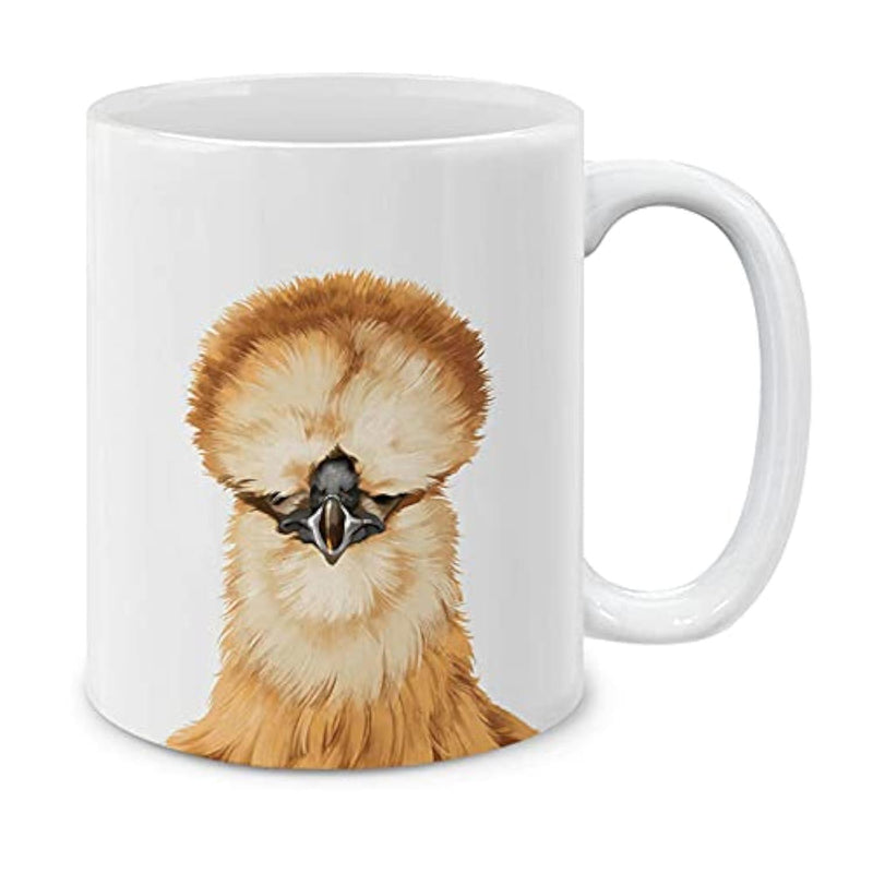 Tailorly White Ceramic 11 oz Mug - Artistic Hand Painted Fluffy Silkie Poultry With Soft Golden Brown Feathers Chicken