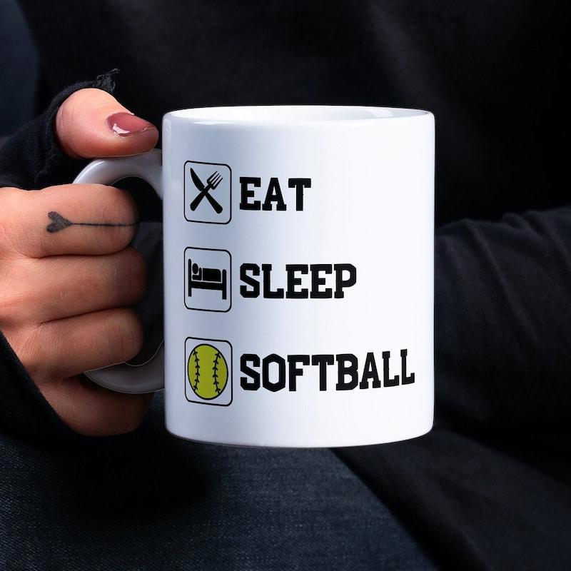 Tailorly White Ceramic 11 oz Mug - Eat Sleep Softball Minimalist Icons Representing Daily Routine With A Vibrant Yellow Stitched Softball