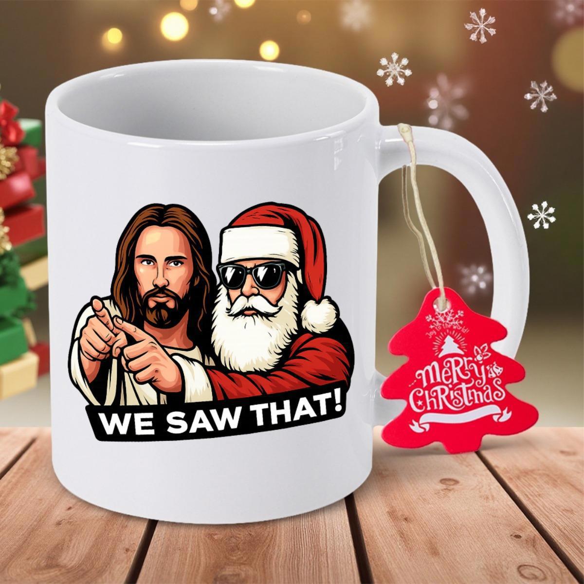 Tailorly White Ceramic 11 oz Mug - We Saw That Fun Cartoon Jesus And Santa Claus Wearing Sunglasses Pointing Forward Mug