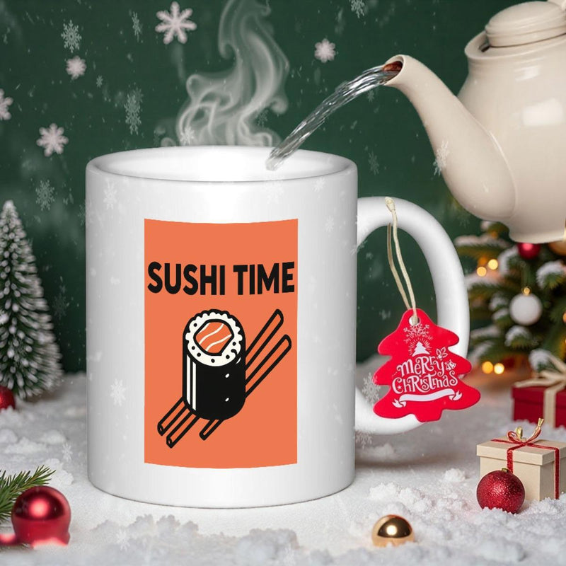 Tailorly White Ceramic 11 oz Mug - Sushi Time Cartoon Salmon Roll Resting On Crossed Wooden Chopsticks Over Orange Frame Sushi