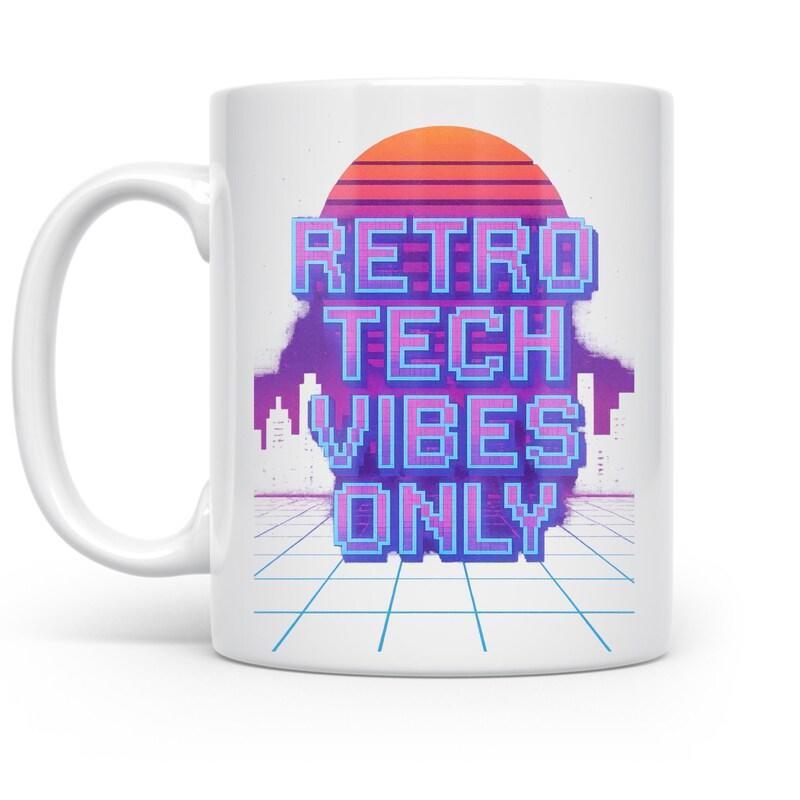 Tailorly White Ceramic 11 oz Mug - Retro Tech Vibes Only Glowing Purple Silhouette Set Against Neon Digital Perspective Grid Sunset