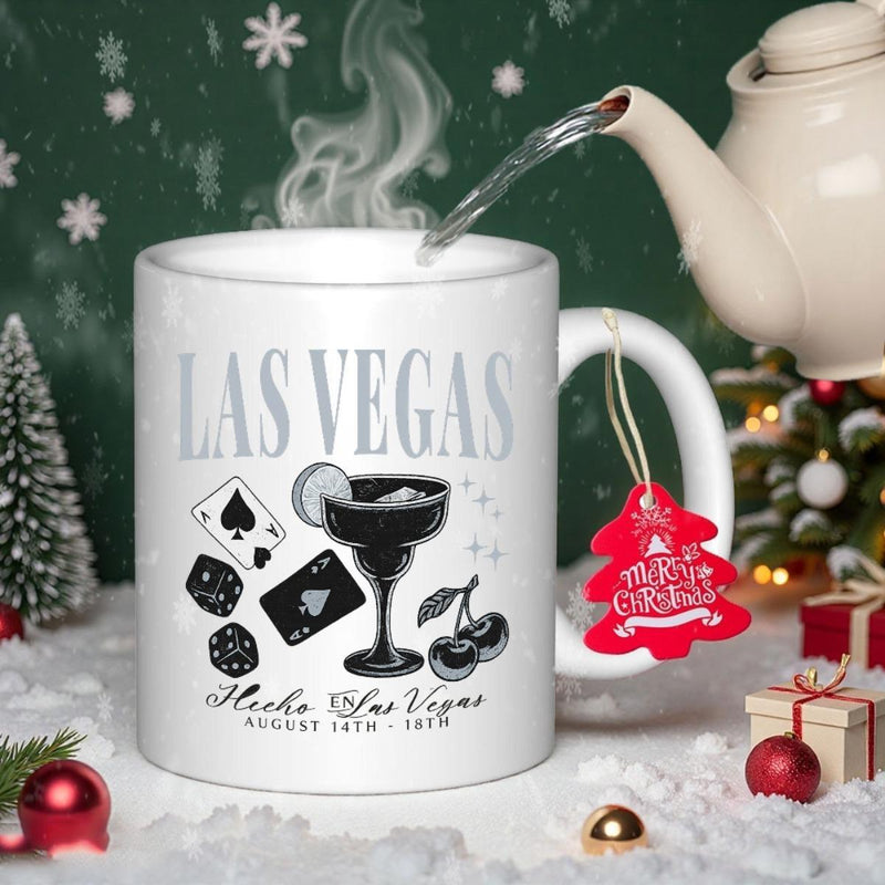 Tailorly White Ceramic 11 oz Mug - Las Vegas August 14th 1970 Playing Cards Dice Cherries And Cocktail Glass On A