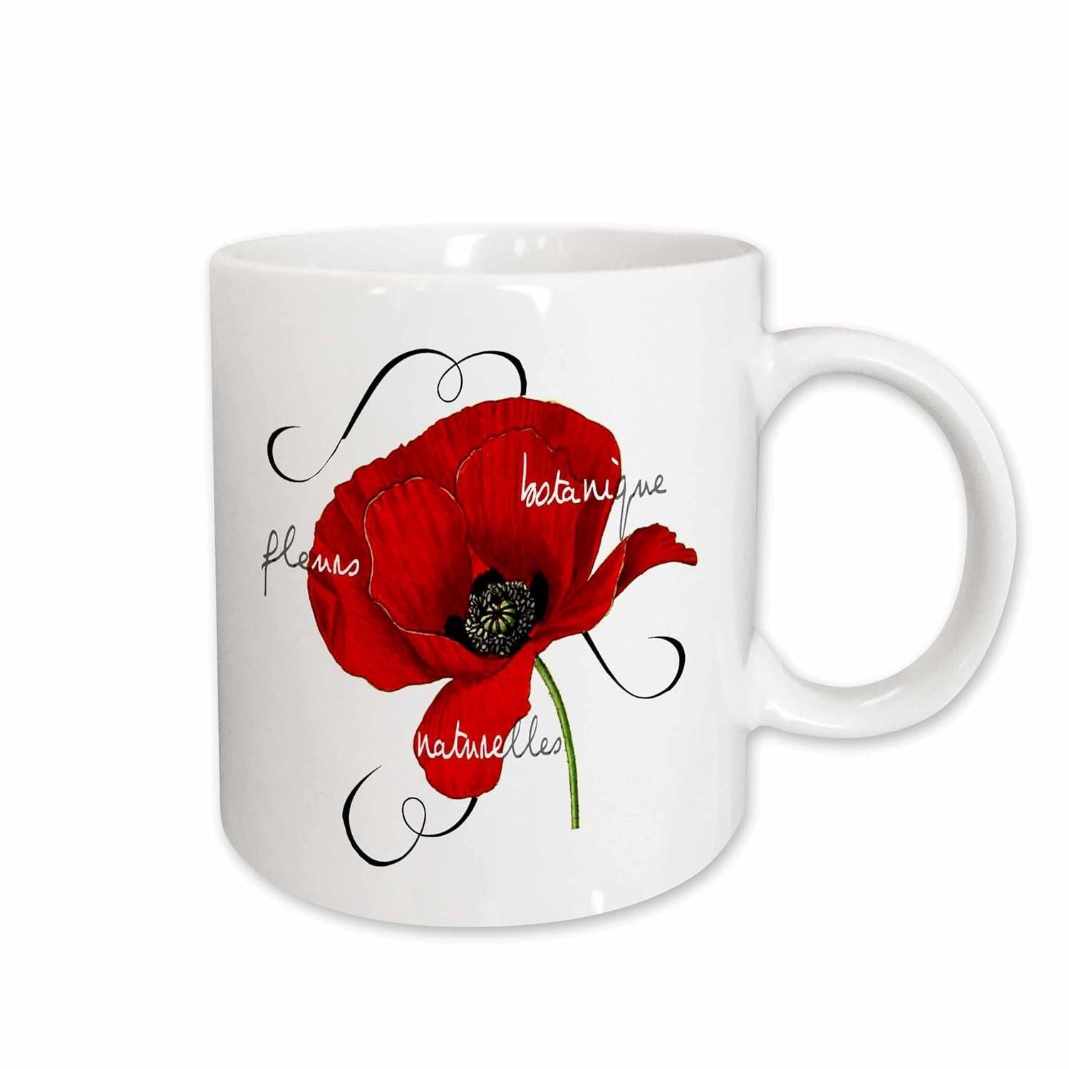 Tailorly White Ceramic 11 oz Mug - Elegant Red Botanical Flower With Decorative Black Swirls On White Ceramic Poppy