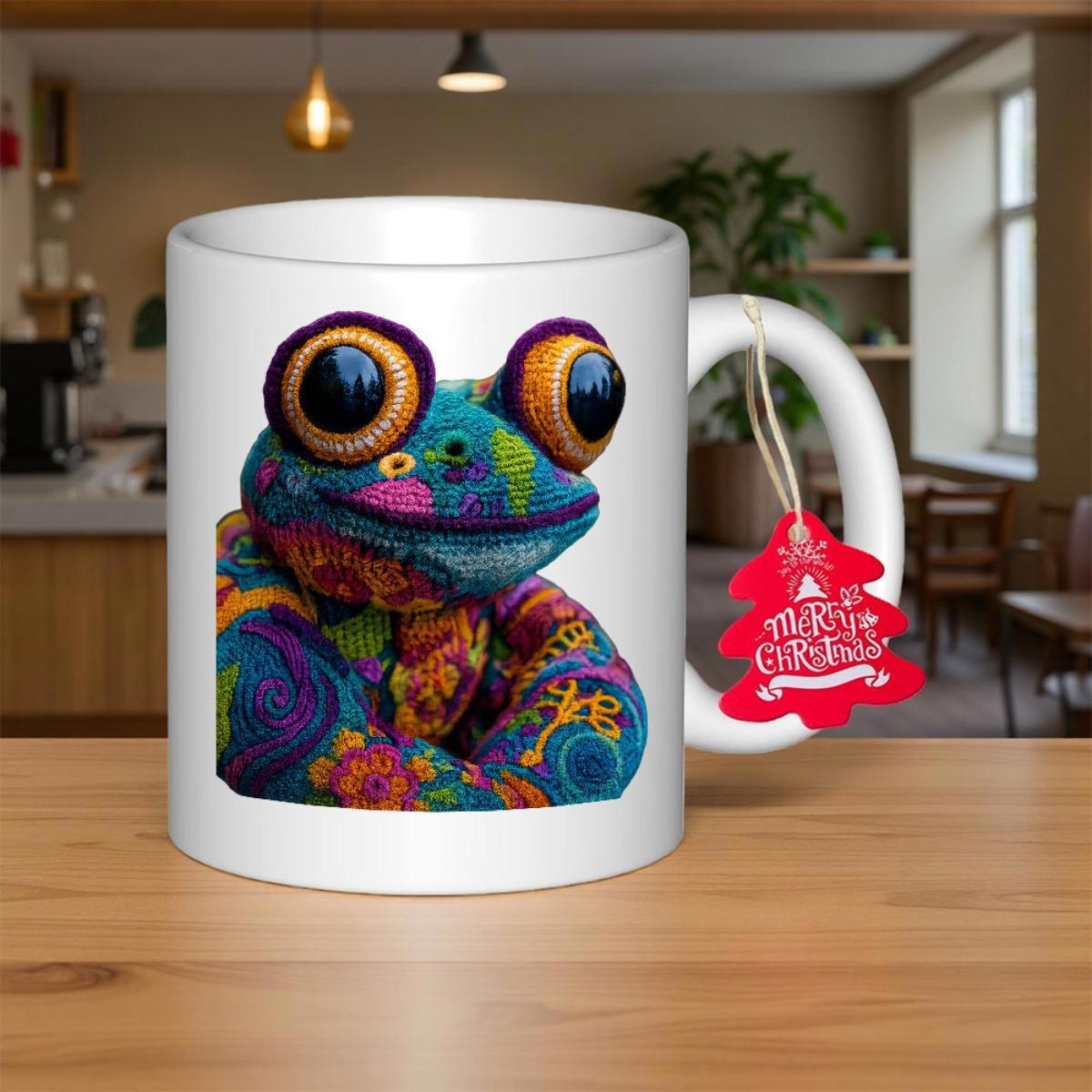 Tailorly White Ceramic 11 oz Mug - Merry Christmas Vibrant Colorful Crocheted Pattern Featuring Large Bulging Eyes Frog