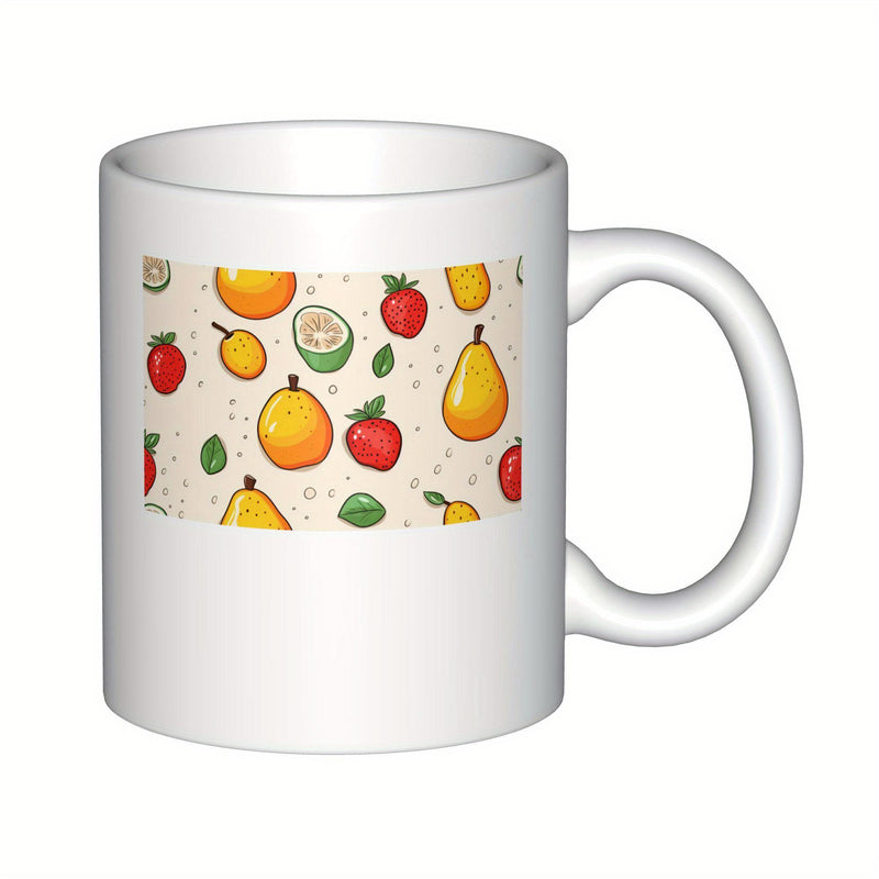 Tailorly White Ceramic 11 oz Mug - Hand Drawn Colorful Ripe Strawberries And Yellow Pears With Green Limes Pattern Fruit