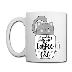 Tailorly White Ceramic 11 oz Mug - A Good Day Starts With Coffee Cat Cute Grey Striped Kitten Sitting Inside A Ceramic Mug With Hearts Cat