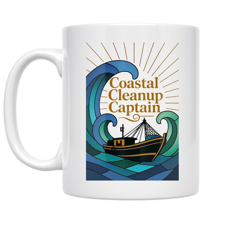 Tailorly White Ceramic 11 oz Mug - Coastal Cleanup Captain Stylized Blue Mosaic Waves Under Radiant Sunburst Lines Navigating Steady Fishing Boat