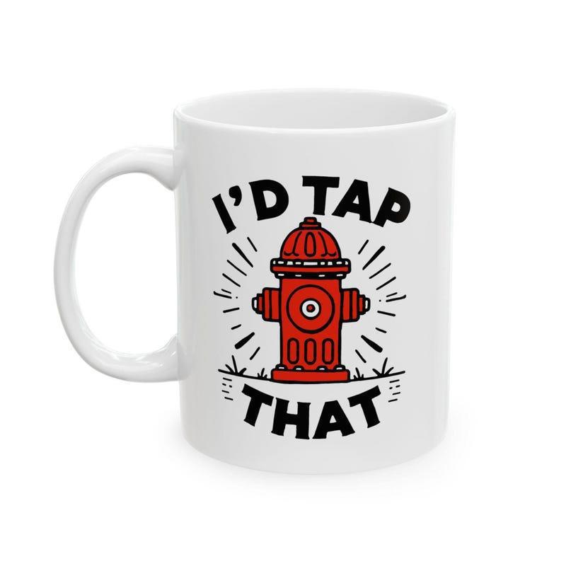 Tailorly White Ceramic 11 oz Mug - I'd Tap That Vibrant Red Fire Hydrant Centered Among Decorative Black Stylized Lines Fire Hydrant