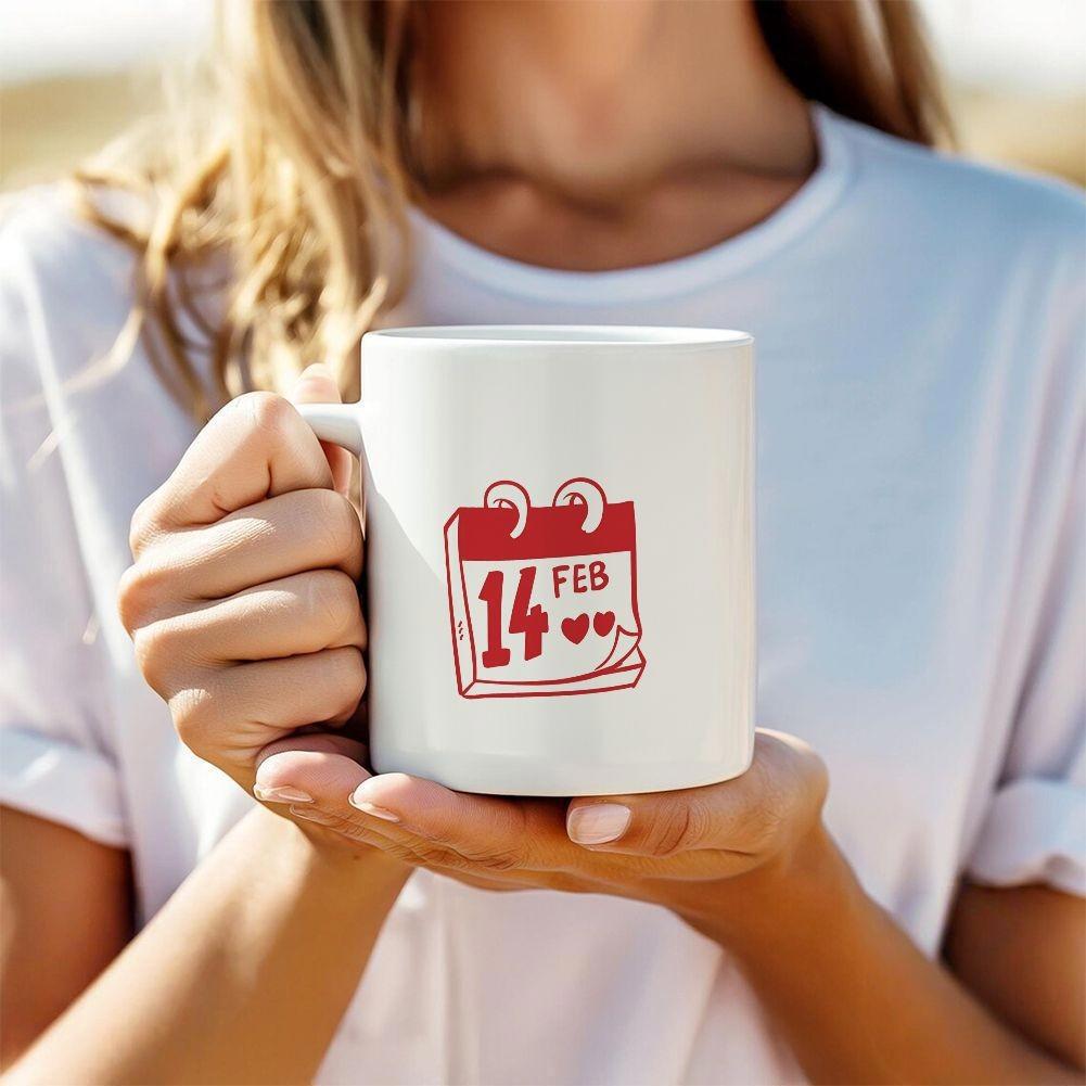Tailorly White Ceramic 11 oz Mug - Feb Minimalist Red Line Art Calendar Featuring Hearts On White Surface Mug