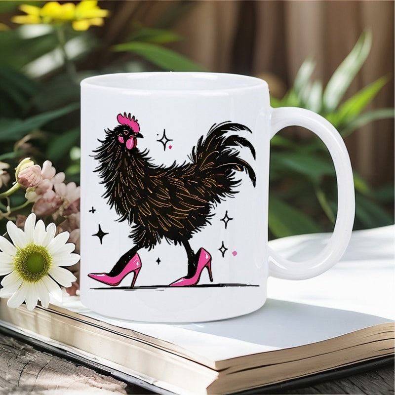 Tailorly White Ceramic 11 oz Mug - Whimsical Black Chicken Wearing Bright Pink High Heels Among Little Sparkles Chicken